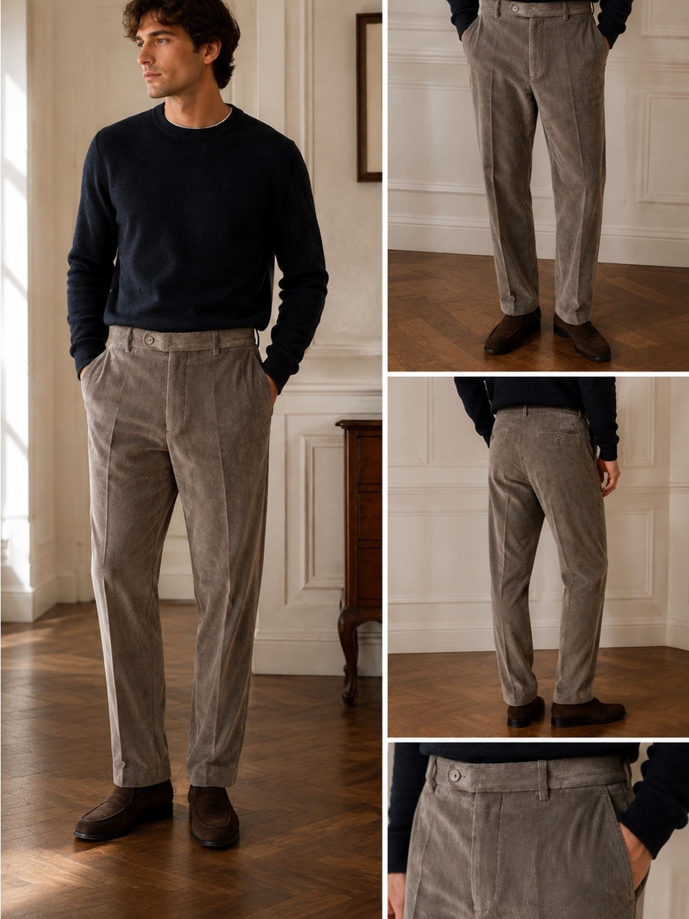 French Pant Suit Men's Brown Taupe Corduroy/Suede Trousers